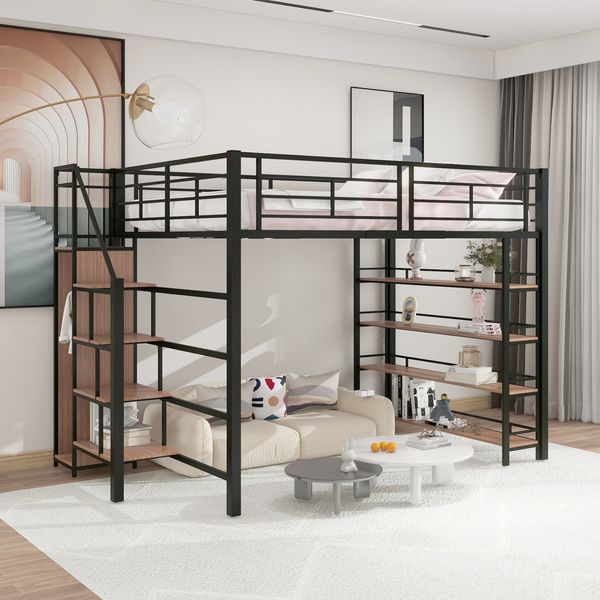 Hochbett 140x200 cm mit Stauraumtreppe und Kleiderschrank – schwarzes Metall, hohe Umzäunung
