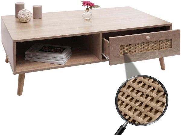 Couchtisch HWC-M39, Wohnzimmertisch Beistelltisch Sofatisch, Schublade Kubu Rattan Holz Melamin, 37x110x59cm Eiche-Optik