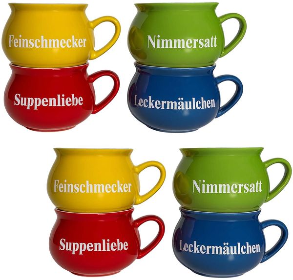 BURI Suppentassen 8er-Set aus Keramik | Bunte Henkel-Schüsseln mit Sprüchen | 400 ml | Spülmaschinenfest & mikrowellengeeignet | Mediterraner Stil