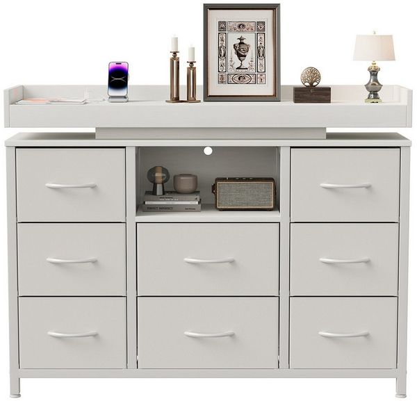 FUROKOY TV-Schrank Kommode mit 8 Schubladen aus Stoff (Fernsehschrank Sideboard Metallgestell, Industrie-Design) für Schlafzimmer Wohnzimmer Flur, 108 x 30 x 82cm