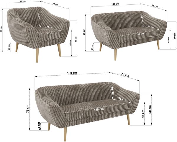 Wohnzimmerset PIRS 1-2-3, Skandinavisches Komplettset, Wellenfederung, Buche Füße, Sitzgruppe, Möbelset - Hellbraun Cord Bild 5