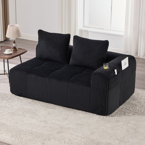 2-Sitzer Sofa B 158 x T 93 x H 61 cm aus Cord in Schwarz mit Seitenfächern und Becherhaltern