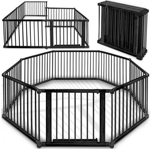 KIDUKU Laufgitter schwarz XXL klappbar inkl. Tür, bestehend aus 8 Elementen, Kiefernholz Schwarz, 7,2 m