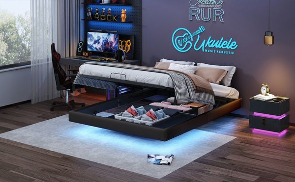 Furnishings Home Polsterbett Stauraumbett Doppelbett LED, Pustoff (Hydraulisch anhebbarer Bettstauraum), Mit LED-Beleuchtung, Lattenrost, Kunstleder, 160x200 cm