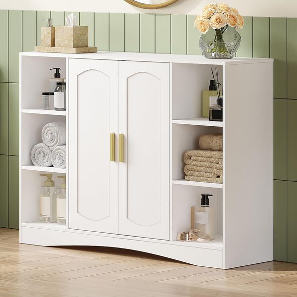 Badezimmerschrank, Aufbewahrungsschrank mit 2 Türen, Beistellschrank, Küchenschrank mit Offenen Fach, Verstellbare Ablage, Badschrank, für Badezimmer Wohnzimmer Küche, Weiß, 30 × 100 × 75 cm
