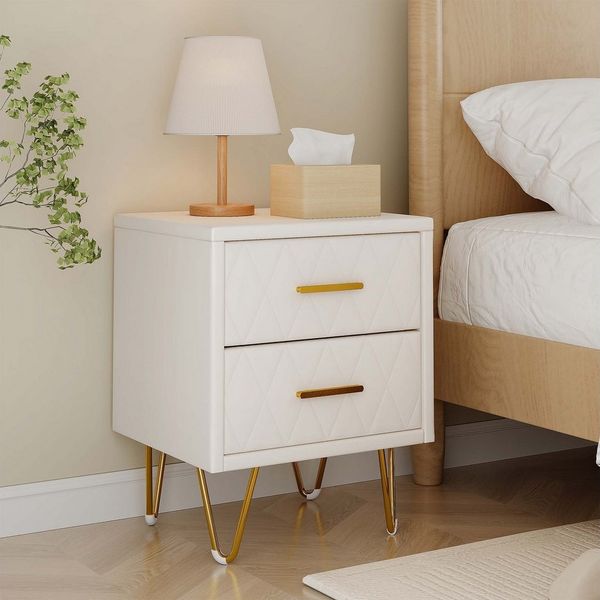 FUROKOY Nachttisch 2er set Nachtschrank mit Schubladen, Beistelltisch mit Metallbeine (Sofatisch Beistelltisch mit 2 Schubladen, Beige PU), Schubladenschrank für Schlafzimmer Flur Wohnzimmer, 41 x 35.5 x 51 cm