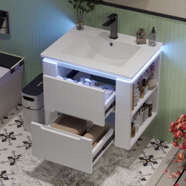 Badezimmerschrank wandhängend, Volllackierung, LED-Radarsensor-Beleuchtung, zwei Schubladen, leise Gleitschienen, zwei seitliche Ablagen, Waschtisch, integriertes Waschbecken, Weiß, 61 x 46 x 48,5 cm