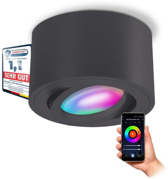 SSC-LUXon LED Aufbaustrahler CELI-1N Aufbauspot flach anthrazit schwenkbar mit Smart Wifi RGB LED, RGB & Weißtöne