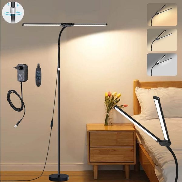 LMaxhome LED Stehlampe Dimmbar Doppelkopf Standlicht Modern 360°-Schwanenhals Leselampe Büro, EU-Stecker, LED fest integriert, 4 Höhenverstellbar(50–158CM), 10 Helligkeitsstufen, 3 Farbmodi(3000K Warmweiß, 4000K Naturweiß, 6000K Kaltweiß), Schwarz Tisc...
