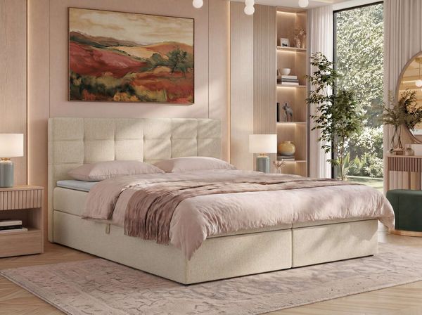 Boxspringbett SOLVEN mit Matratze H3 und Topper Visco, zwei Bettkästen, Doppelbett mit Stauraum, Bonell-Federkern, gepolsterte Kopfstütze - 140x200 cm - Beige Stukture