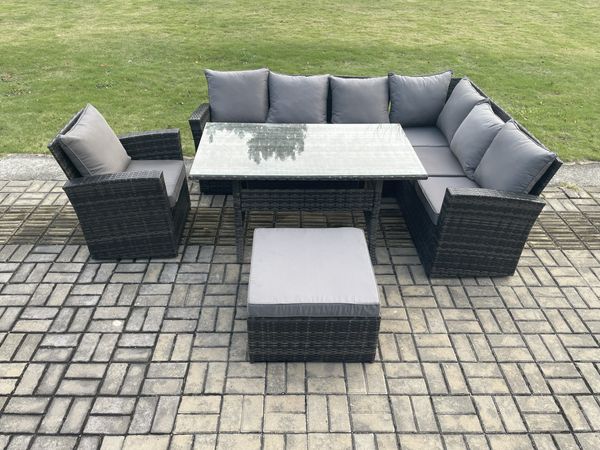Fimous 8 Sitzer Garten Rattanmöbel Ecksofa Esstisch Sessel Set mit Großer Fußhocker