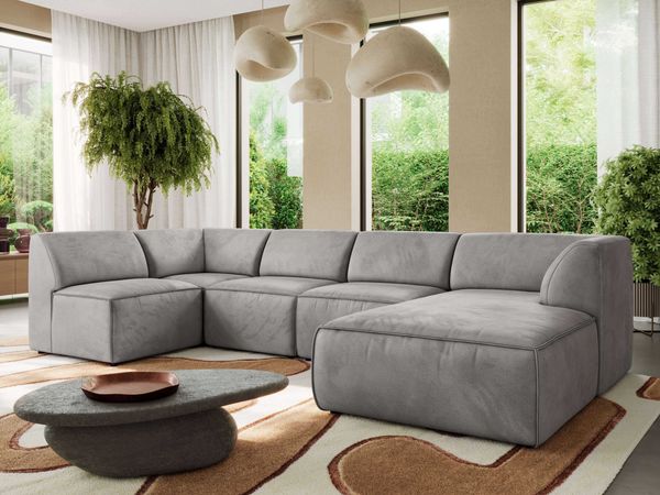Modulares XXL-Ecksofa MODARO 5M, U-Form, Wohnlandschaft, 5-teilig, freistehend, Wohnzimmer Couch, HR-Schaumstoff - Hellgrau Velvet - Rechts