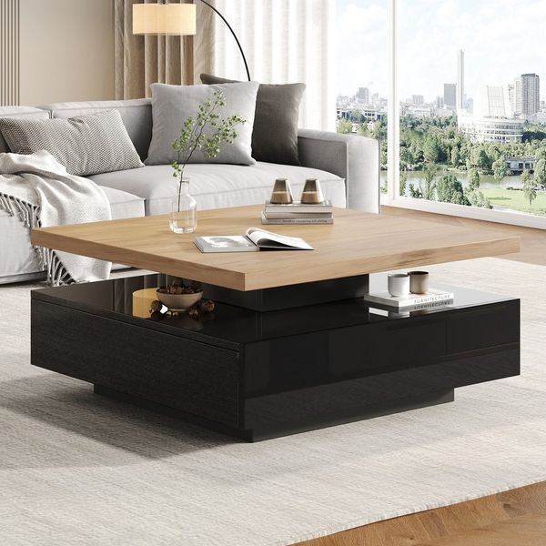 Merax Couchtisch mit versteckten Schubladen und 360° schwenkbarer Arbeitsfläche (Wohnzimmer, Kaffeetisch, 70x70x36cm), hochglänzend Beistelltisch mit geometrische Design und Sockel