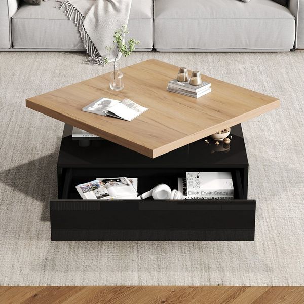 Merax Couchtisch mit versteckten Schubladen und 360° schwenkbarer Arbeitsfläche (Wohnzimmer, Kaffeetisch, 70x70x36cm), hochglänzend Beistelltisch mit geometrische Design und Sockel