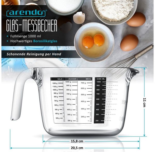 Arendo Messbecher 1 l Glas Messkrug, Borosilikatglas, Mikrowellengeeignet, Rührschüssel, Glas, präzise Skala, hitzebeständig, Mikrowellen geeignet, 1000 ml