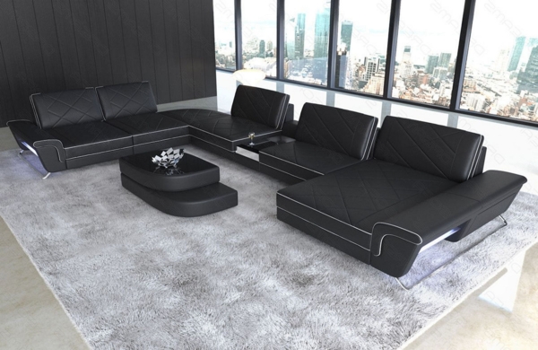 Sofa Dreams 'Bari U XXL' Wohnlandschaft, Schwarz / Weiß, Ledermix, 89 x 329 x 456 cm, Rechts Bild 3