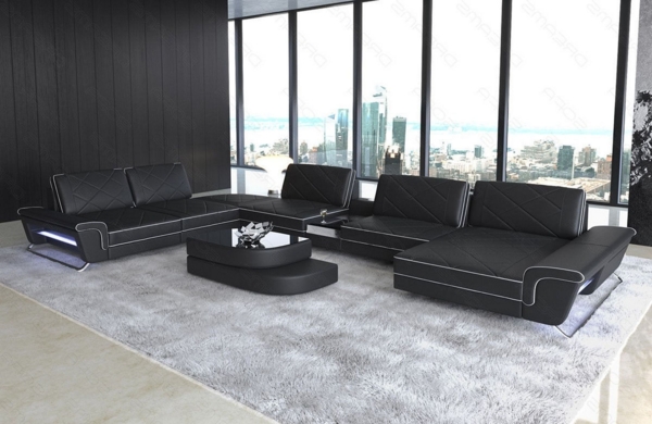 Sofa Dreams 'Bari U XXL' Wohnlandschaft, Schwarz / Weiß, Ledermix, 89 x 329 x 456 cm, Rechts Bild 2