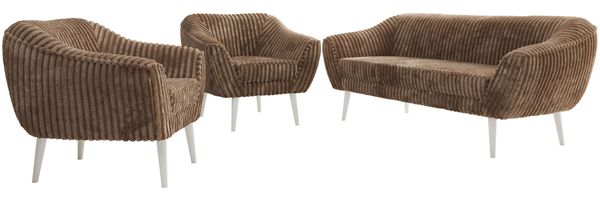 Wohnzimmerset PIRS 1-1-3, Skandinavisches 3-Sitzer Sofa mit Sesseln, Sofa mit Wellenfederung, weiße Füße, Skandinavisches Möbelset - Braun Cord Bild 6