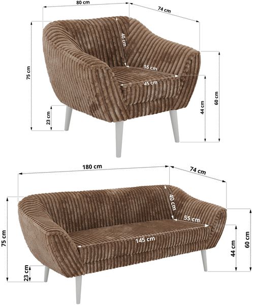 Wohnzimmerset PIRS 1-1-3, Skandinavisches 3-Sitzer Sofa mit Sesseln, Sofa mit Wellenfederung, weiße Füße, Skandinavisches Möbelset - Braun Cord Bild 5