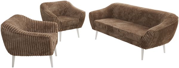 Wohnzimmerset PIRS 1-1-3, Skandinavisches 3-Sitzer Sofa mit Sesseln, Sofa mit Wellenfederung, weiße Füße, Skandinavisches Möbelset - Braun Cord Bild 8