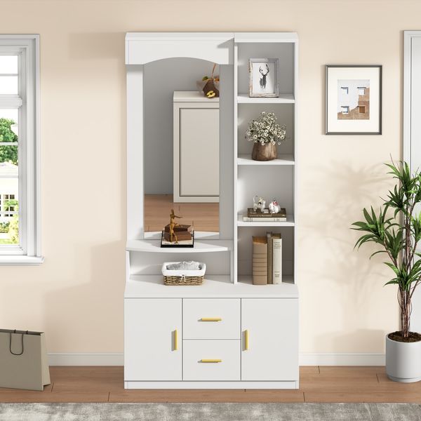 Flurschrank Weiß, 90x40x180 cm mit Spiegel, 2 Schubladen & 2 Schränken