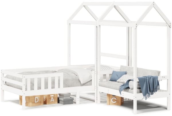 vidaXL Massivholzbett und Bank mit Dach Weiß 80x200 cm Kiefernholz 3282178