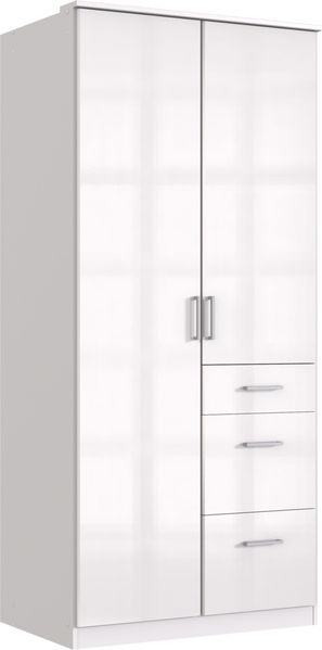 Kleiderschrank Clack in Weiß mit Fronten in Hochglanz Weiß Lack- Drehtürenschrank in verschiedenen Varianten wählbar - Kleiderschrank 91 cm – mit Schubkästen ohne Spiegel