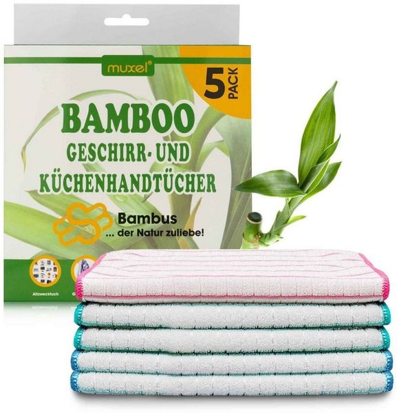 Muxel Geschirrtuch MUXEL Bambus Tücher - 5x Bambus Geschirrtücher - Extra saugfähiges, (Spar-Set, 5-tlg), kochfest