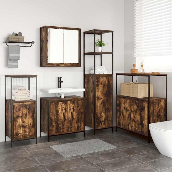 vidaXL Badezimmermöbel-Set mit Tür 5 pcs Geräucherte Eiche und Schwarz 3328386