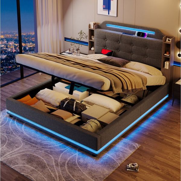 Ulife Polsterbett Hydraulisches Stauraumbett, Jugendbett mit LED-Lichtleiste (Ohne Matratze), USB/Type-C Ladestation + Ablagefächer, 140x200cm