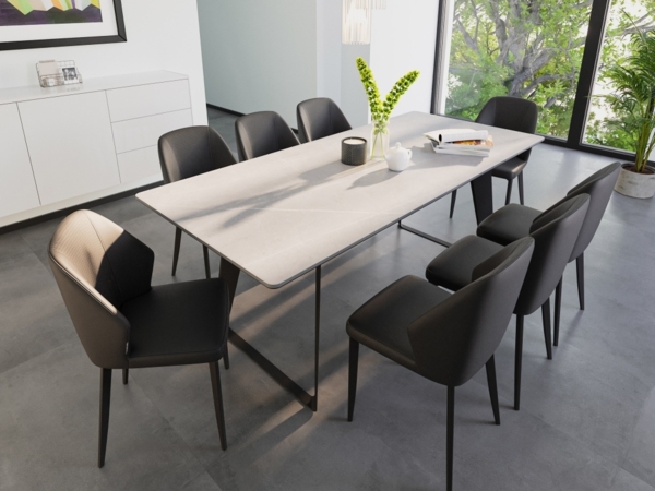 Esstisch Set FLORINT 200 graue Keramikplatte mit 8 Stühlen Kunstleder schwarz : Grau
