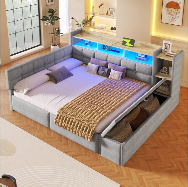 Flieks Daybett, Polsterbett 140×190cm mit LED, Aufladen, 2 Schubladen und Polsterbank