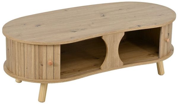 ibettertec Couchtisch Erbsenförmiger Couchtisch mit Rillenoptik, 2 Holzoptik Schiebetüren