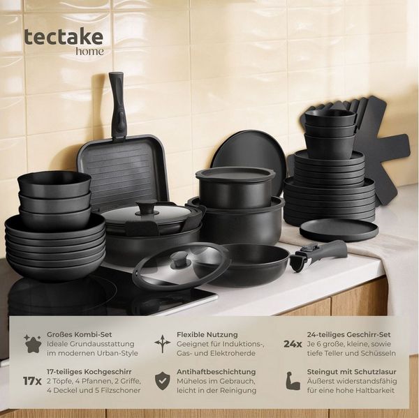 tectake Kochbesteck-Set Küchenstarterset aus Steingut mit Glasur, hitzebeständig und (Geschirrset Una/Parma, 41-tlg, in schwarz), rostfreies Aluminium mit Antihaftbeschichtung, induktionsgeeignet
