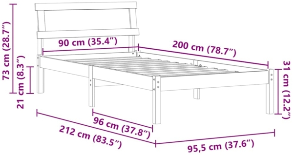 vidaXL Bettrahmen Wachsbraun 90 x 200 cm Massives Kiefernholz 872838 Bild 10