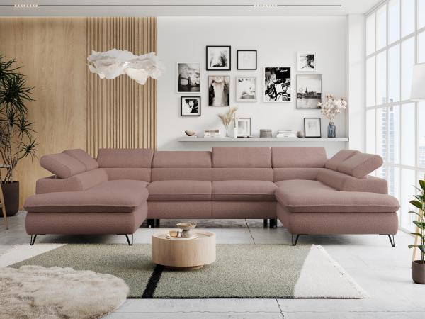 Mks Möbel 'Peter U-Form' Ecksofa mit Bettkasten, Bettfunktion & einstellbaren Kopfstützen, Rosa, Boucle