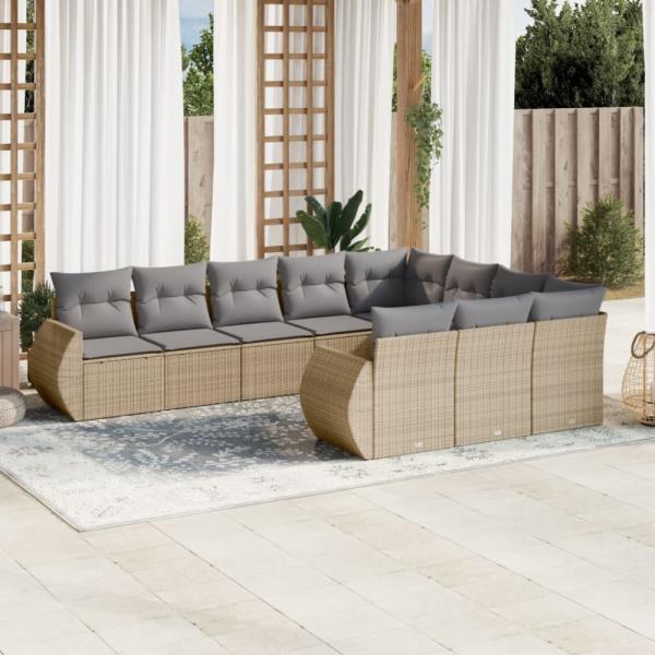 vidaXL 10-tlg. Garten-Sofagarnitur mit Kissen Beige Poly Rattan 3221888 Bild 1