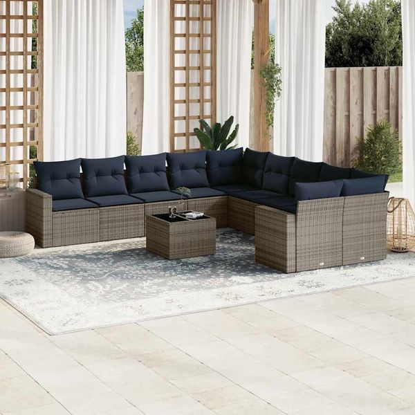 vidaXL 11-tlg. Garten-Sofagarnitur mit Kissen Grau Poly Rattan 3219511