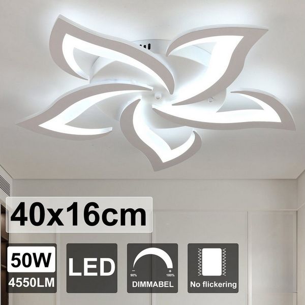 LETGOSPT Deckenleuchte 50W LED-Deckenleuchte, dimmbar, Wohnzimmerlampe mit Fernbedienung, LED fest integriert, Kaltweiß, Naturweiß, Warmweiß, 5 Sterne Blumen-Kronleuchter-Lampe,moderne Schlafzimmer-Deckenlampe