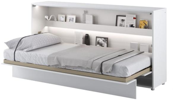 MEBLINI Schrankbett Bed Concept - BC-06 - 90x200 cm Horizontal - Weiß Hochglanz/Weiß - Wandbett mit Lattenrost - Klappbett mit Schrank - Wandklappbett - Murphy Bed - Bettschrank