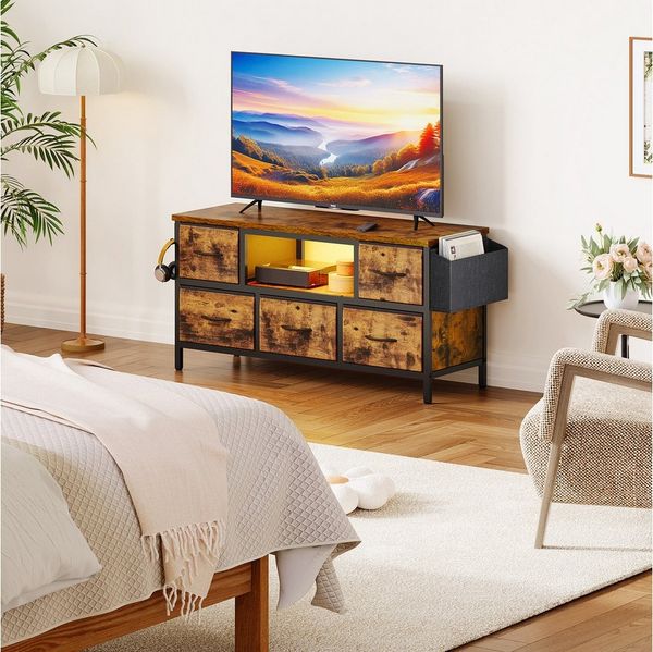 Dripex Lowboard TV Schrank für Fernseher mit LED und Schubladen und offenen Regalen, mit RGB LED Beleuchtung
