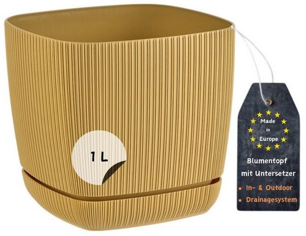 Engelland Blumentopf Pflanztopf mit Drainagesystem & Untersetzer (12 x 12 cm, 1 Liter, 1 St, robuster PP-Kunststoff), eckig, Rillenoptik, UV-resistent, direkte Bepflanzung
