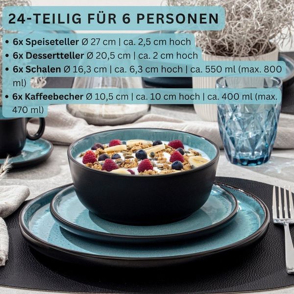 SÄNGER Tafelservice Granada Geschirrset (24-tlg), 6 Personen, Steingut, Blau, Handmade, Erweiterbar, VALUE COLLECTION