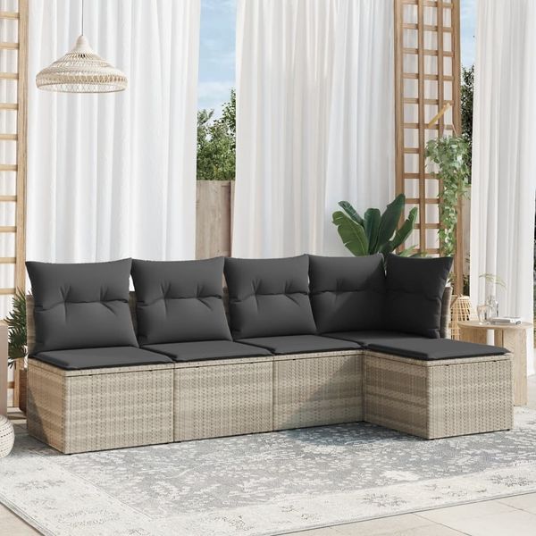 vidaXL 5-tlg. Garten-Sofagarnitur mit Kissen Hellgrau Poly Rattan 3249361