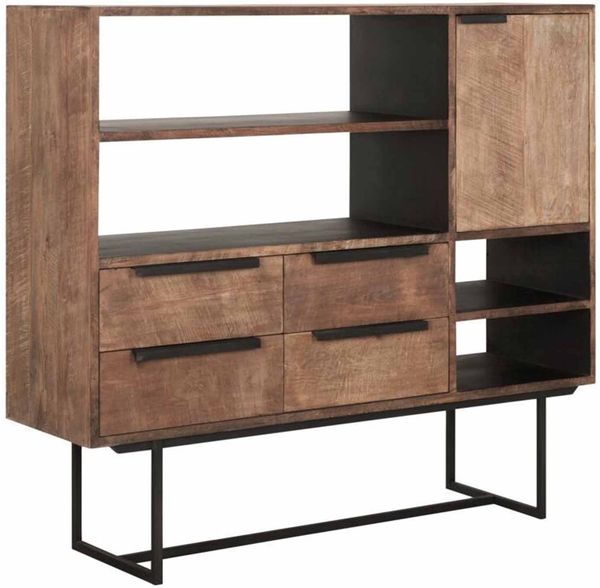 Highboard Odeon Teak, massives Teakholz und Metall, Industrial Stil, natur, 4 Schubladen, 1 Tür