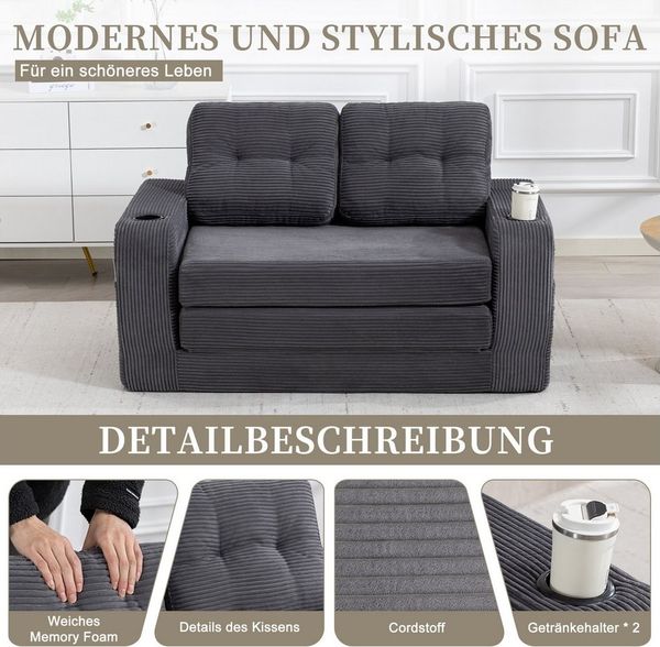 HAUSS SPOLE Schlafsofa mit Umbaufunktion,Modulares Bodensofa Zweisitzer,Wohnzimmer Cord Grau, Zweisitziges Sofa mit Seitentaschen und Getränkehaltern, umbaubarer Doppel-Sitzsack mit gesteppten Kissen und Rückenlehne Bild 4