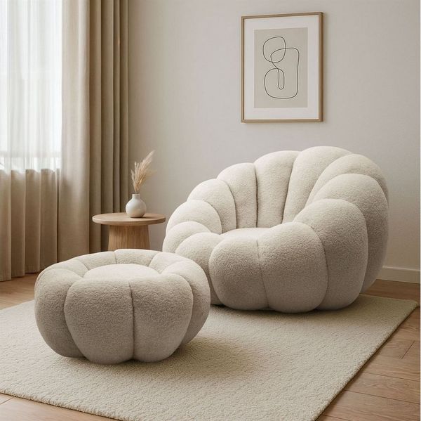 yourhouse24 Drehsessel ORIA inkl. Hocker, Bouclé Lounge Sessel, Teddy-Stoff (Set, 2-St, Relaxsessel mit Hocker), 360° drehbar, Low-Seating