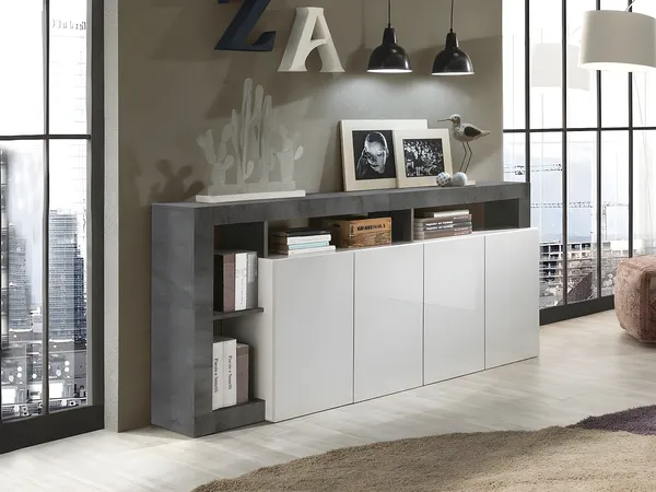 Vente-unique - Sideboard mit 4 Türen & 4 Ablagen - Weiß lackiert & Beton-Optik - SEFRO