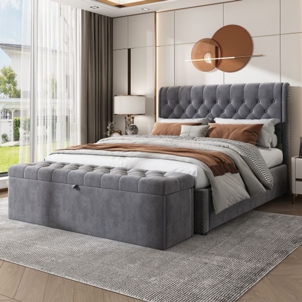 Samt Polsterbett mit Bettkasten und Polsterbank, hohes Kopfteil, Stauraumbett Schlafzimmer Bettgestell modern,Grau