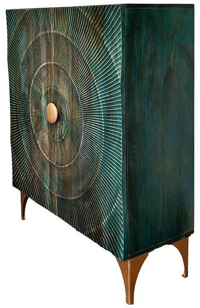 riess-ambiente Highboard GOLDEN SUNSET 120cm türkis/gold - Massivholz, 3D-Front mit Ornament (Einzelartikel, 1 St), Design Schrank mit Stauraum & Türen – ideal für Wohn- oder Esszimmer